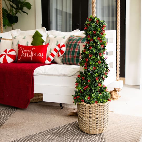 Nearly Natural 3ft. Pre-Lit UV Resistant Artificial Holly Berry Christmas Spiral Tree, Warm White Lights